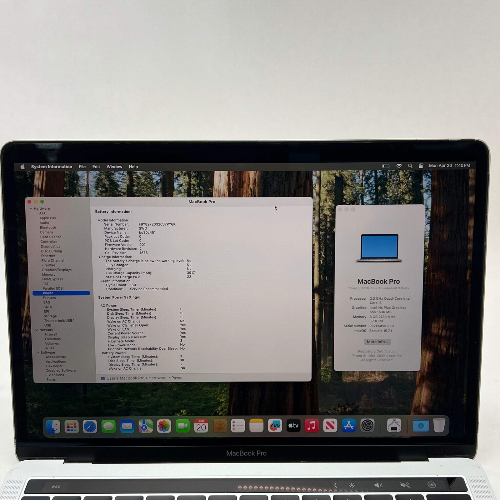 Broken 2018 Apple Macbook Pro Quad Core i5 8GB RAM 500GB A1989 Bad Battery