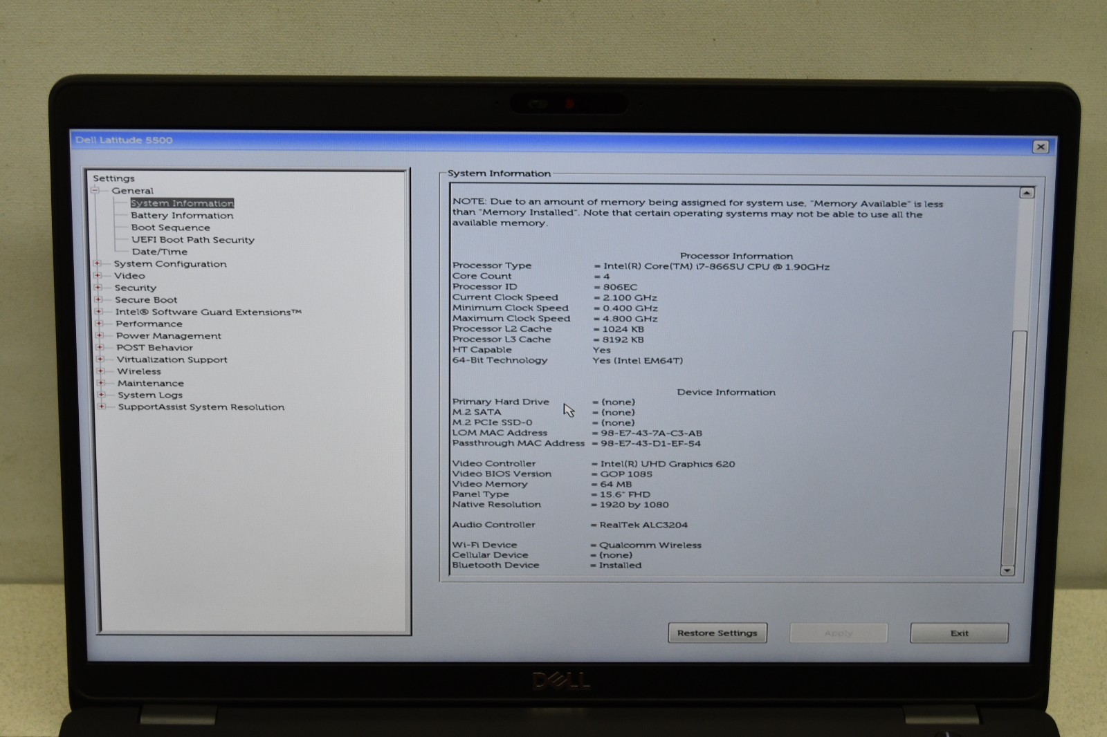 ^ Dell Latitude 5500 Laptop Intel i7-8665U @ 1.9GHz 16GB Ram No HD #X7274