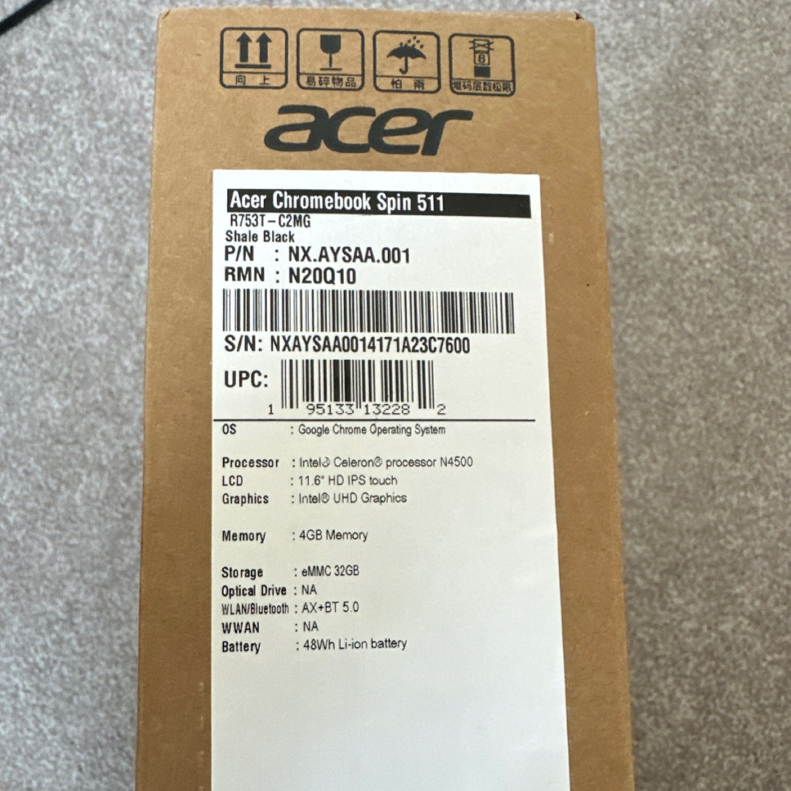 Acer Chromebook Spin 511 Convertible 11.6″ Touch N4500 4GB 32GB Shale Black