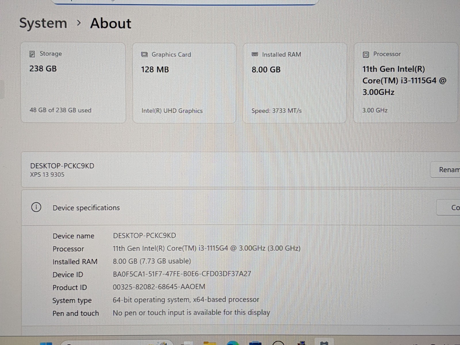 Dell XPS 13 9305 13.3″ FHD Intel i3-11th Gen 3GHz 8GB 256GB Win11Home +Charger