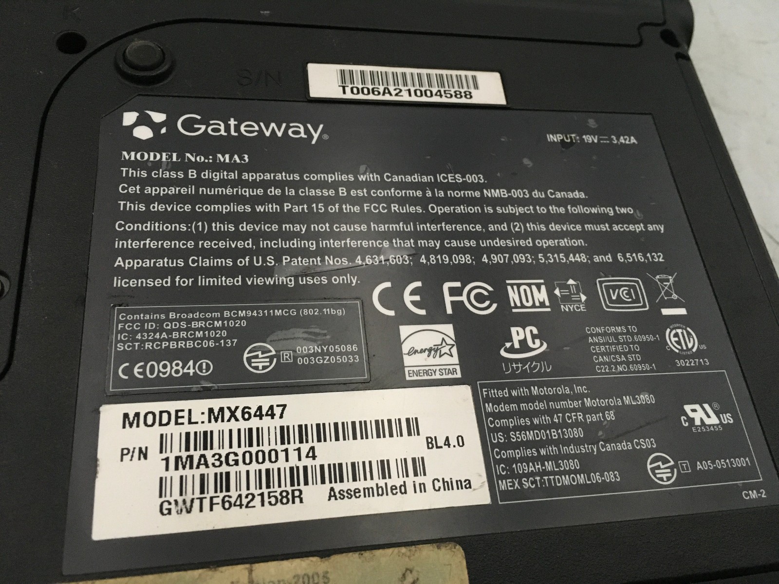 GATEWAY MA3 MX6447 – FOR PARTS/NO POWER – AMD TURION MOBILE – 1GB RAM – READ -BB