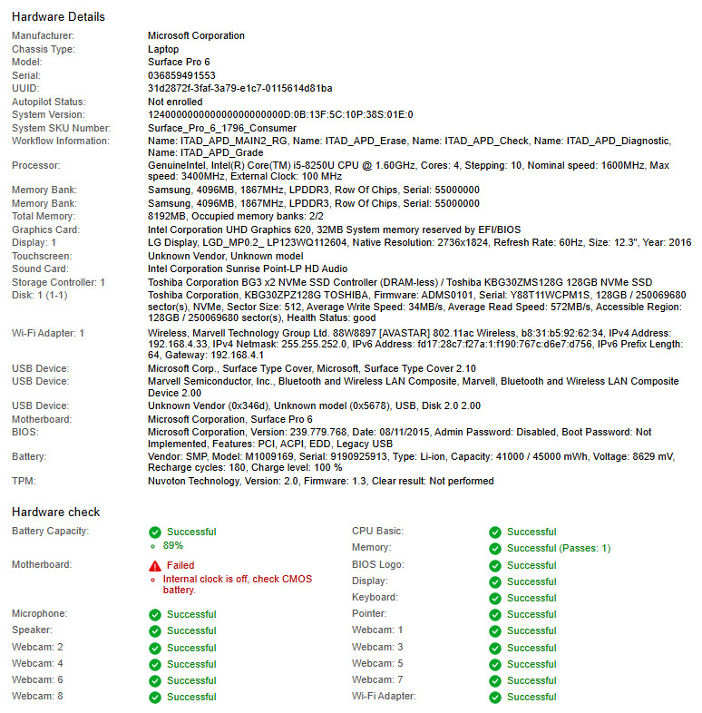 Microsoft Surface Pro 6, i5-8250U CPU, @ 1.60GHz, 8GB RAM, 128GB NVMe-No OS/AC
