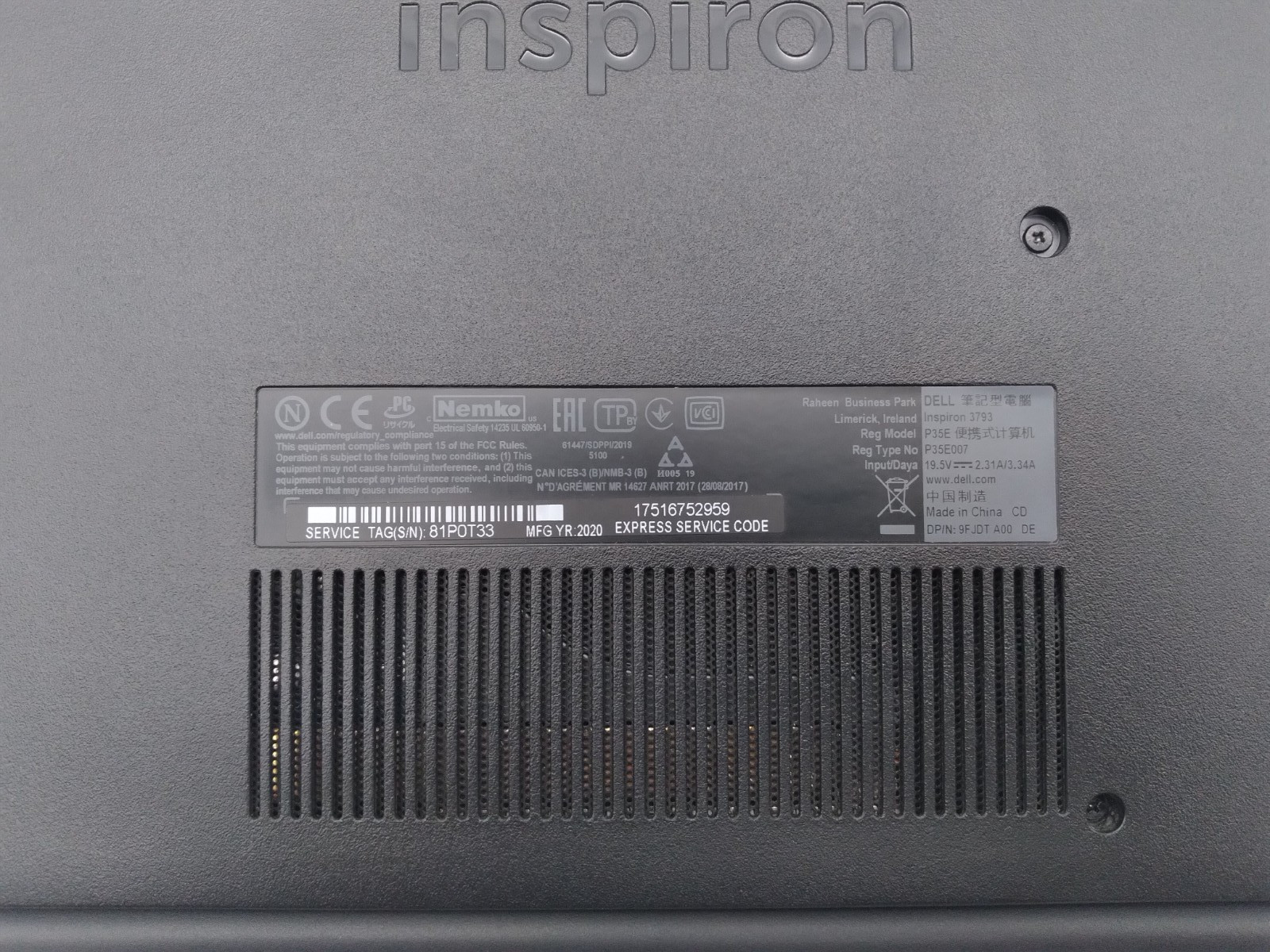 Dell Inspiron 3793 i5-1035G1 @ 1GHz 16GB RAM 1TB HDD + 512GB SSD Win11Home