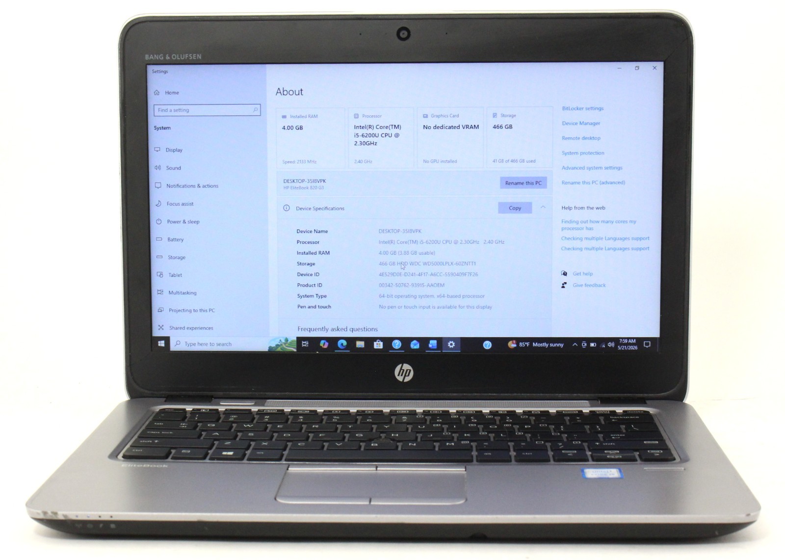HP Elitebook 820 G3 12.5″ 2.3GHz i5-6200U 500GB HDD 4GB RAM Win 10 Pro ; 6181342