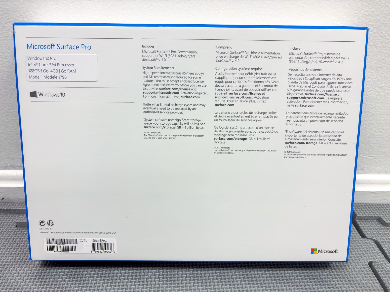 Microsoft Surface Pro 1796 5th Gen Intel 2 Core m3-7Y30 4GB RAM 128GB SSD WIN10P