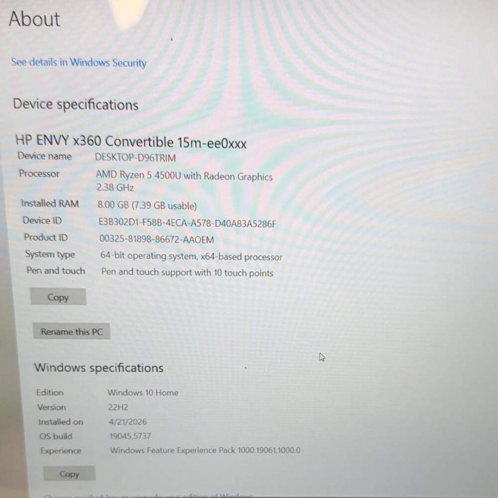 HP Envy x360 15M-EE0013DX 15.6″ Ryzen 5 4500U 2.3GHz 8GB RAM 256GB SSD