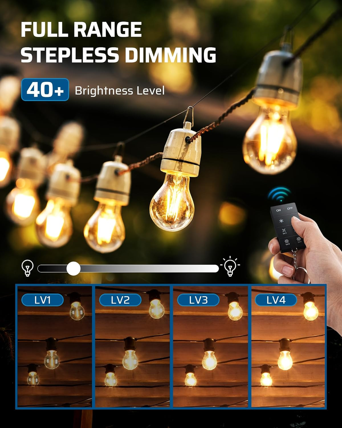 Outdoor Dimmer for String Lights, 100FT Remote Range, IP44 Waterproof Plug-In Di