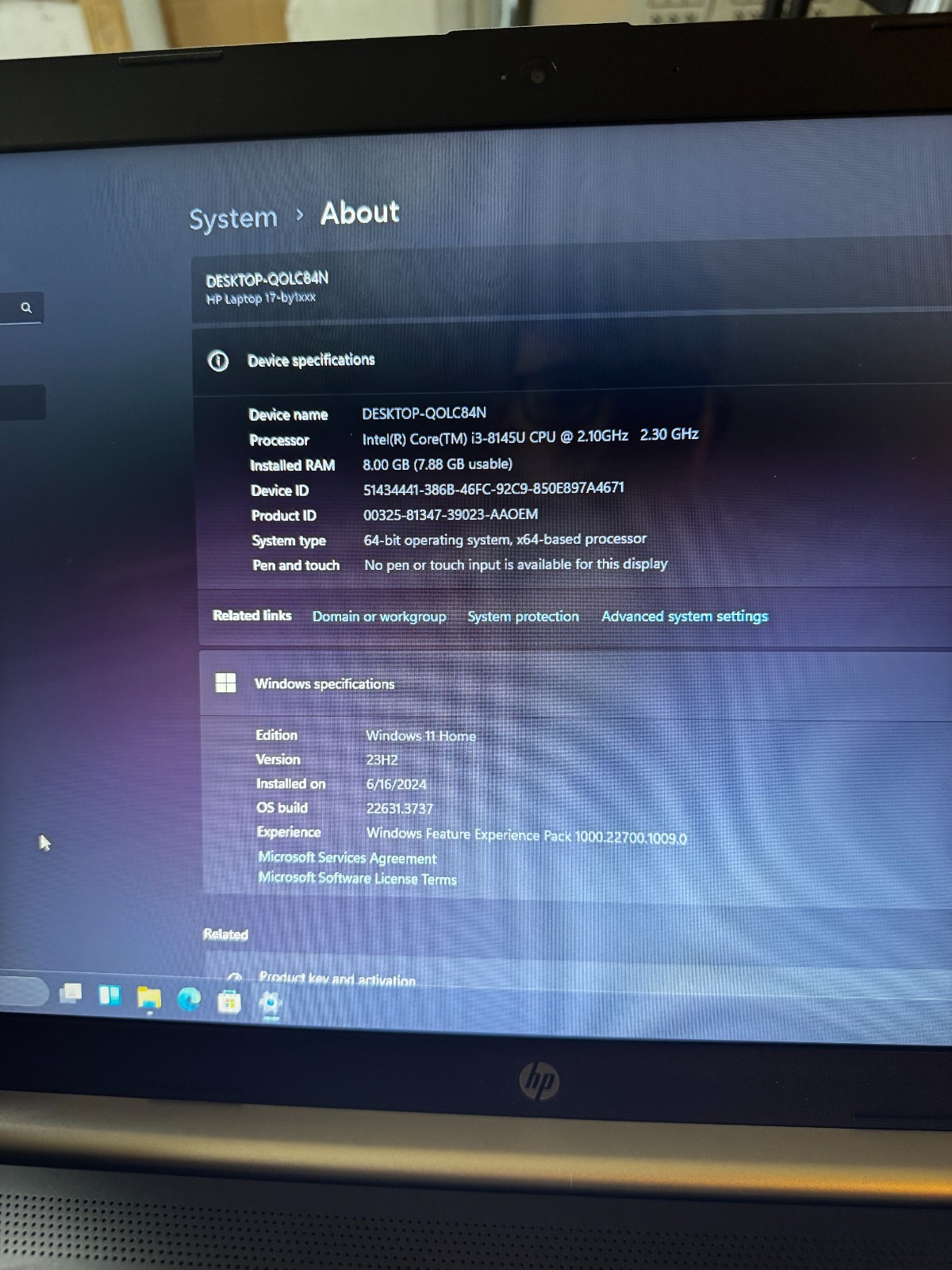 HP 17-by1061st Core I3-8145U 256GB SSD 8GB RAM WIFI/BT Laptop # 6120