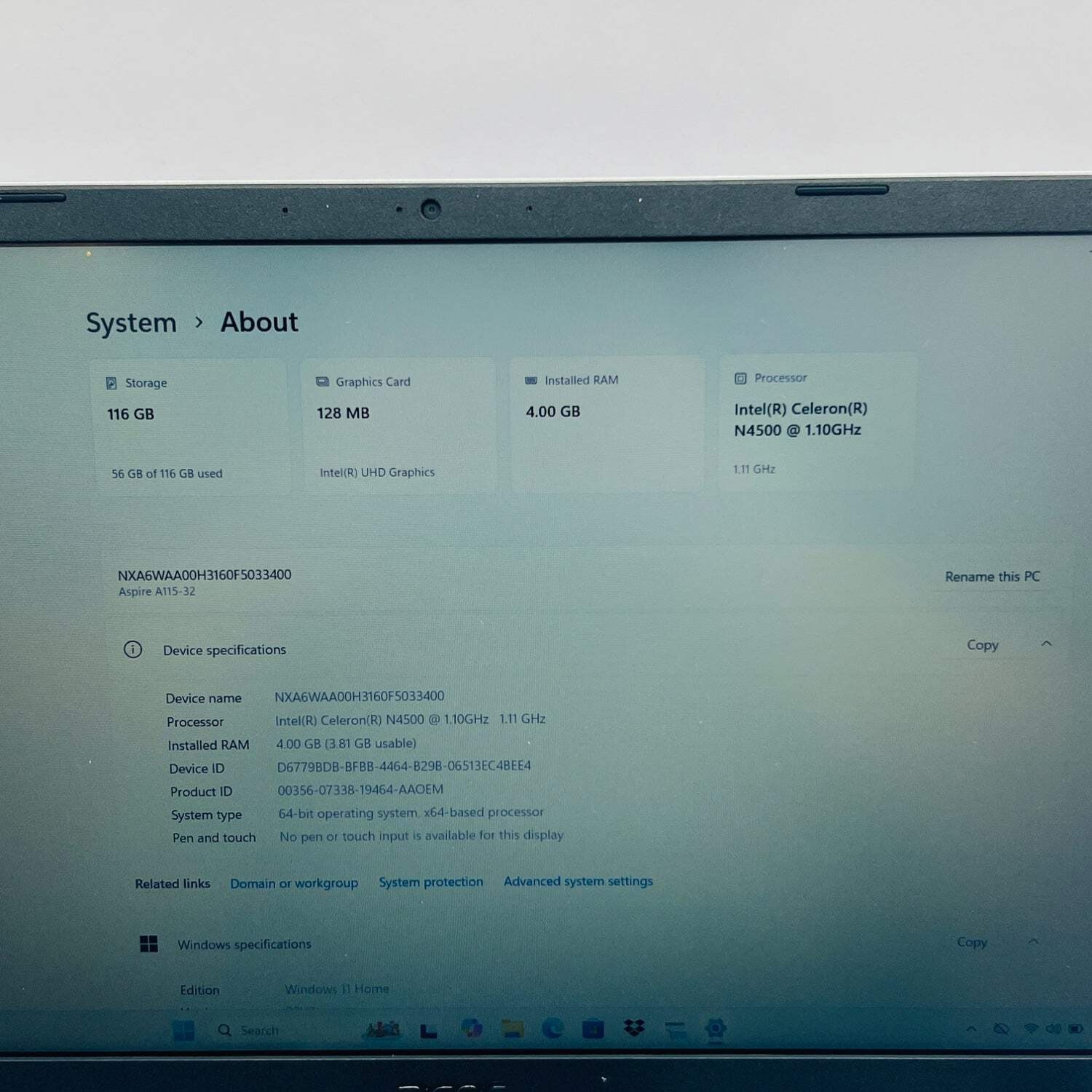 Acer Aspire 1 A115-32 15.6″ Celeron N4500 1.1GHz 4GB RAM 128GB HDD
