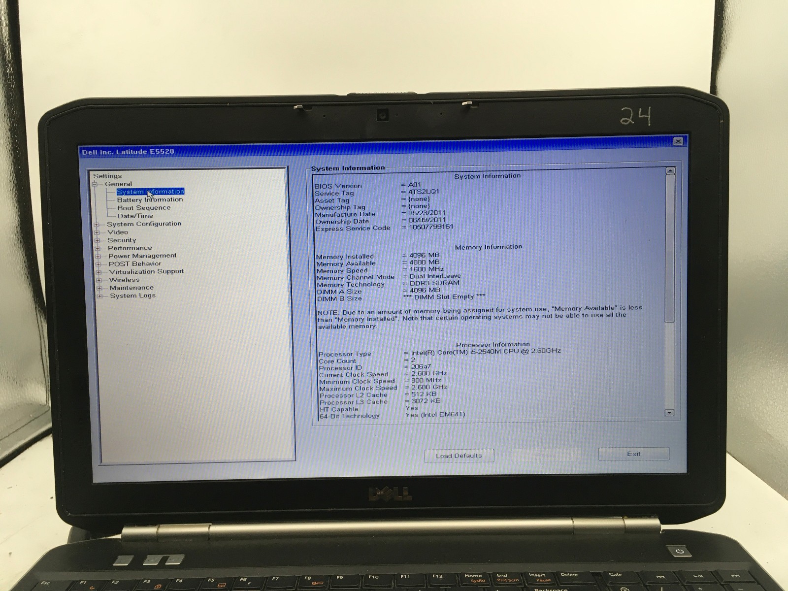 DELL LATITUDE E5520 – BOOTS TO BIOS – INTEL I5 2540 – NO RAM – READ DESCRIP -BB