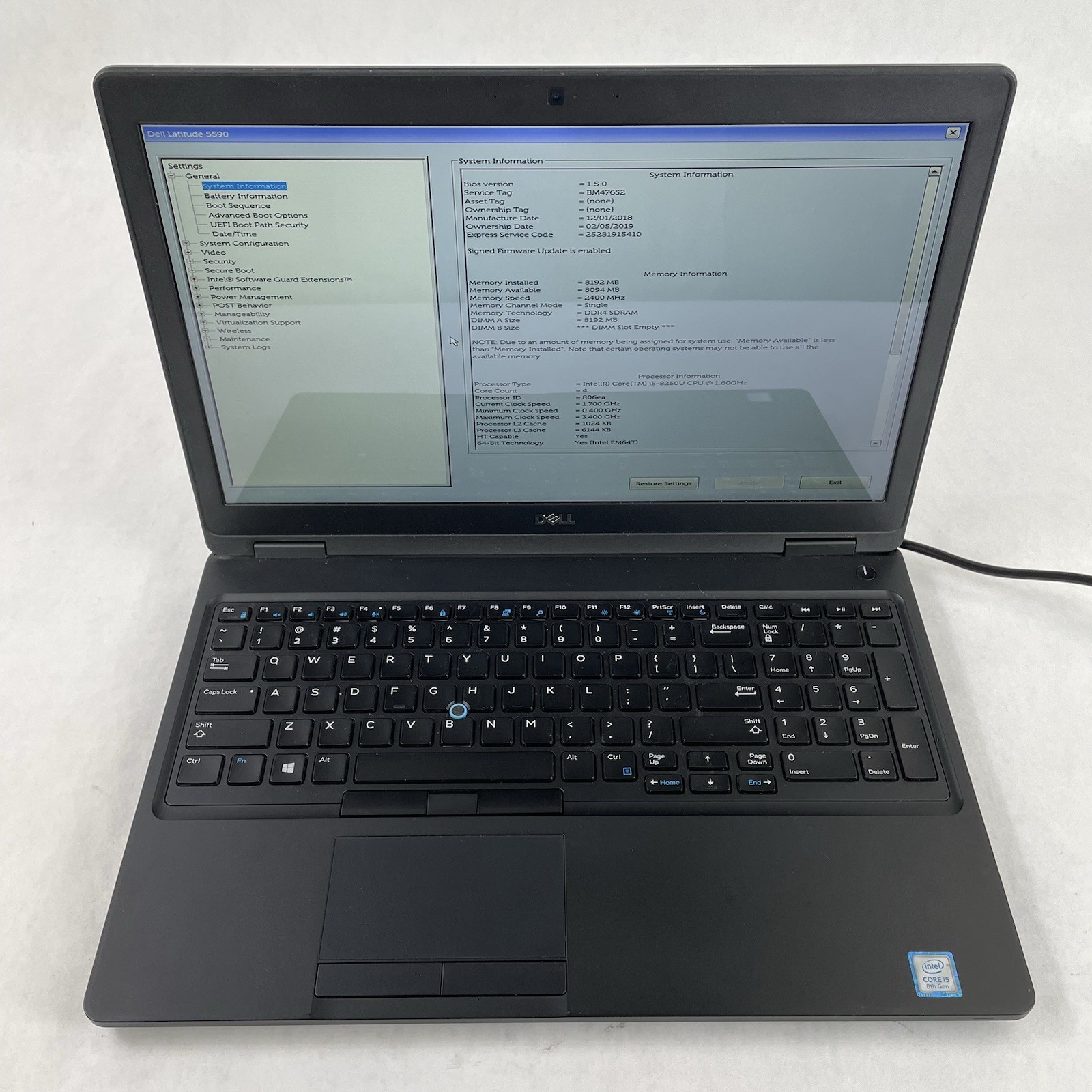Dell Latitude 5590 15.6″ i5-8250U 1.6 GHz 8GB RAM No SSD No OS – Bad Corner READ