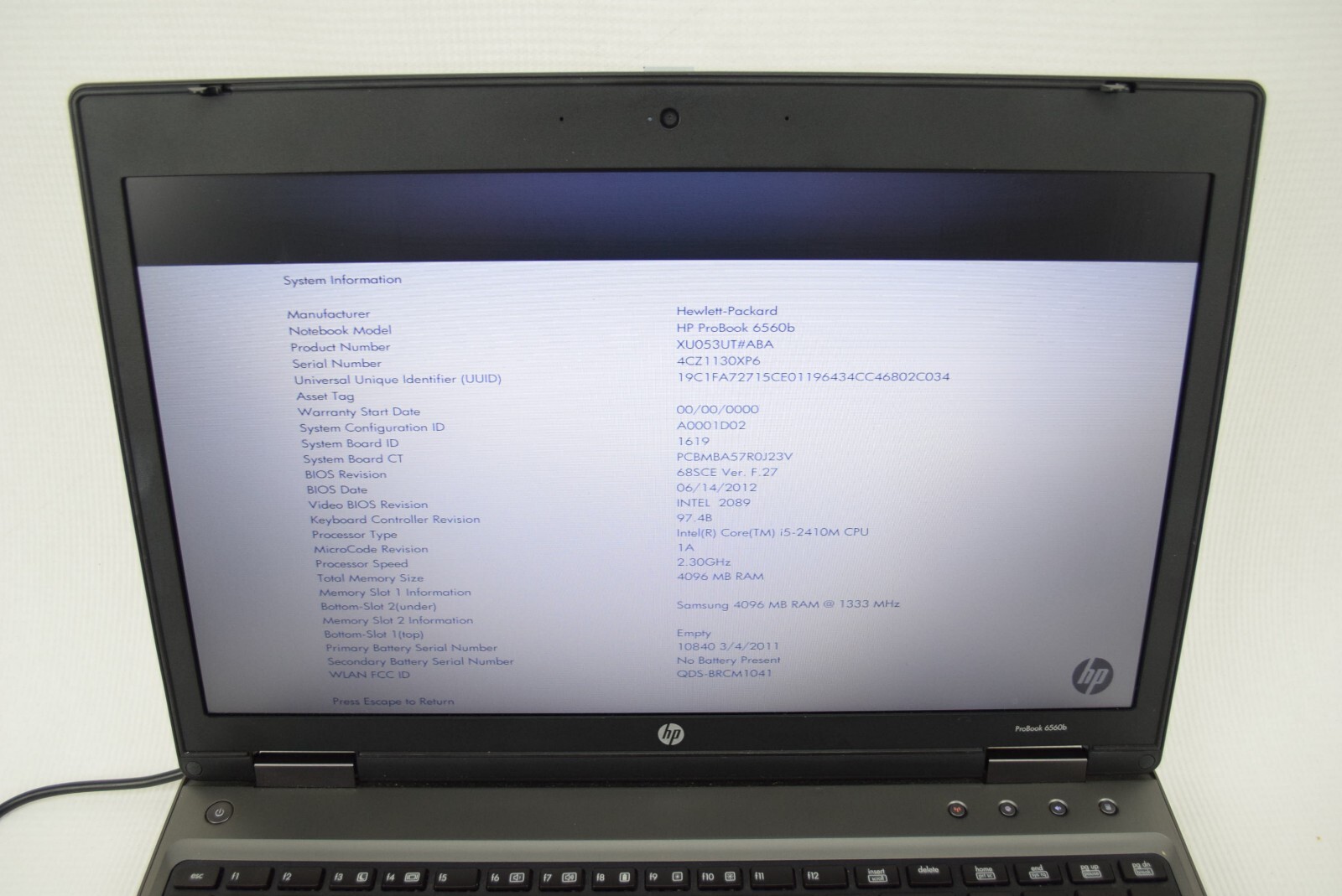 HP 6560b Intel Core i5-2410M 2.30 GHz 4GB Laptop Computer NO HDD NO OS