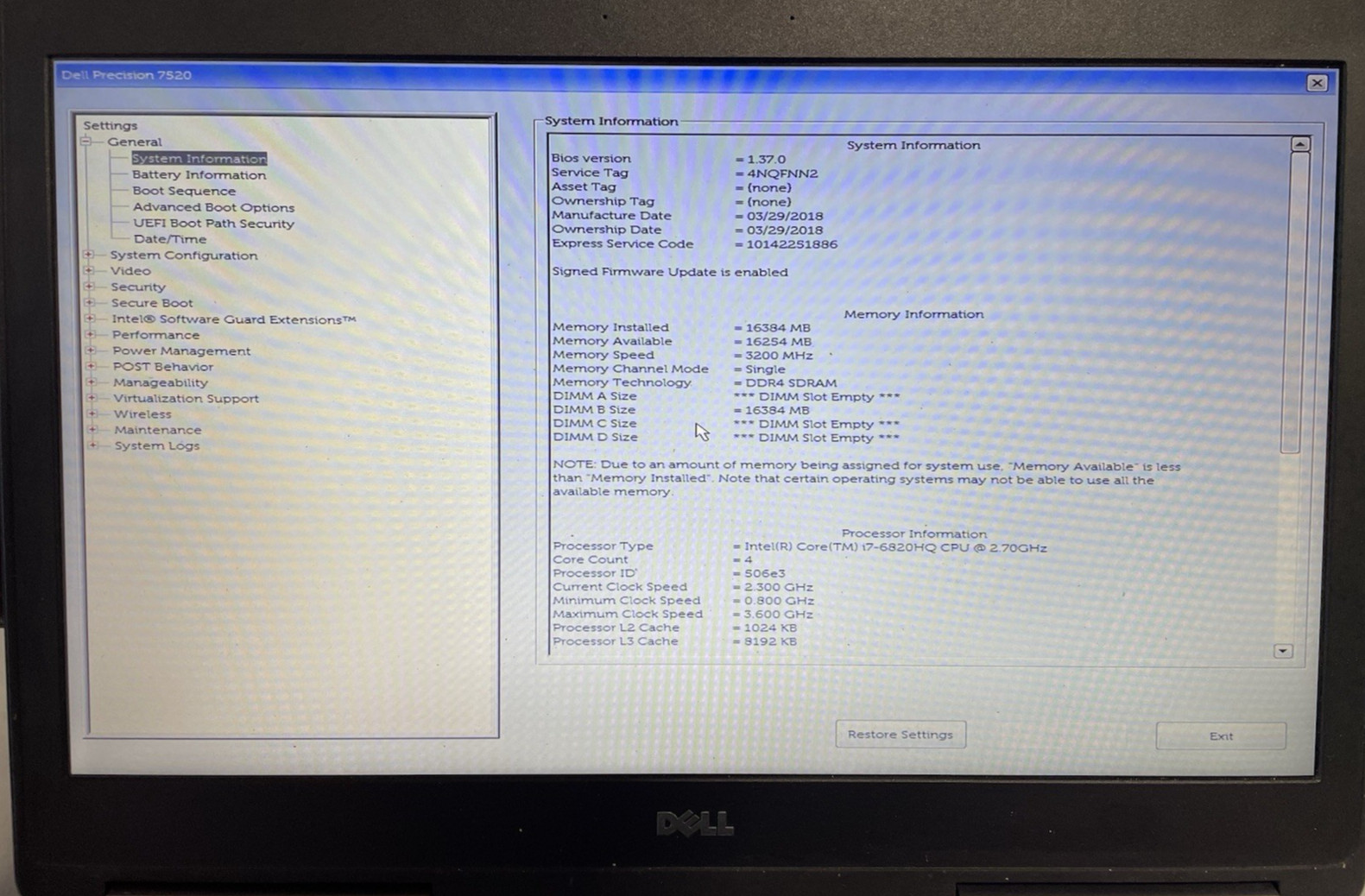 Dell Precision 7520 15.6″ i7-6820HQ @ 2.70GHz NO RAM NO SSD