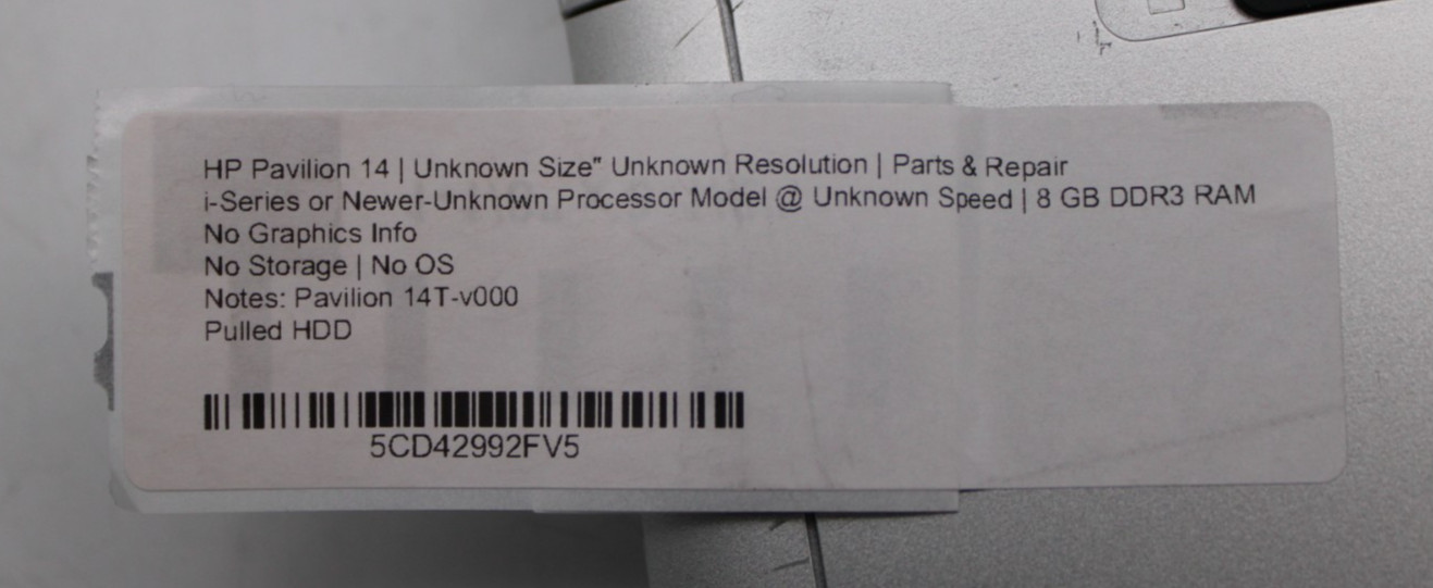 HP Pavilion 14T-v000 14″ i-Series 8GB RAM NO STORAGE/OS *PARTS/REPAIR*