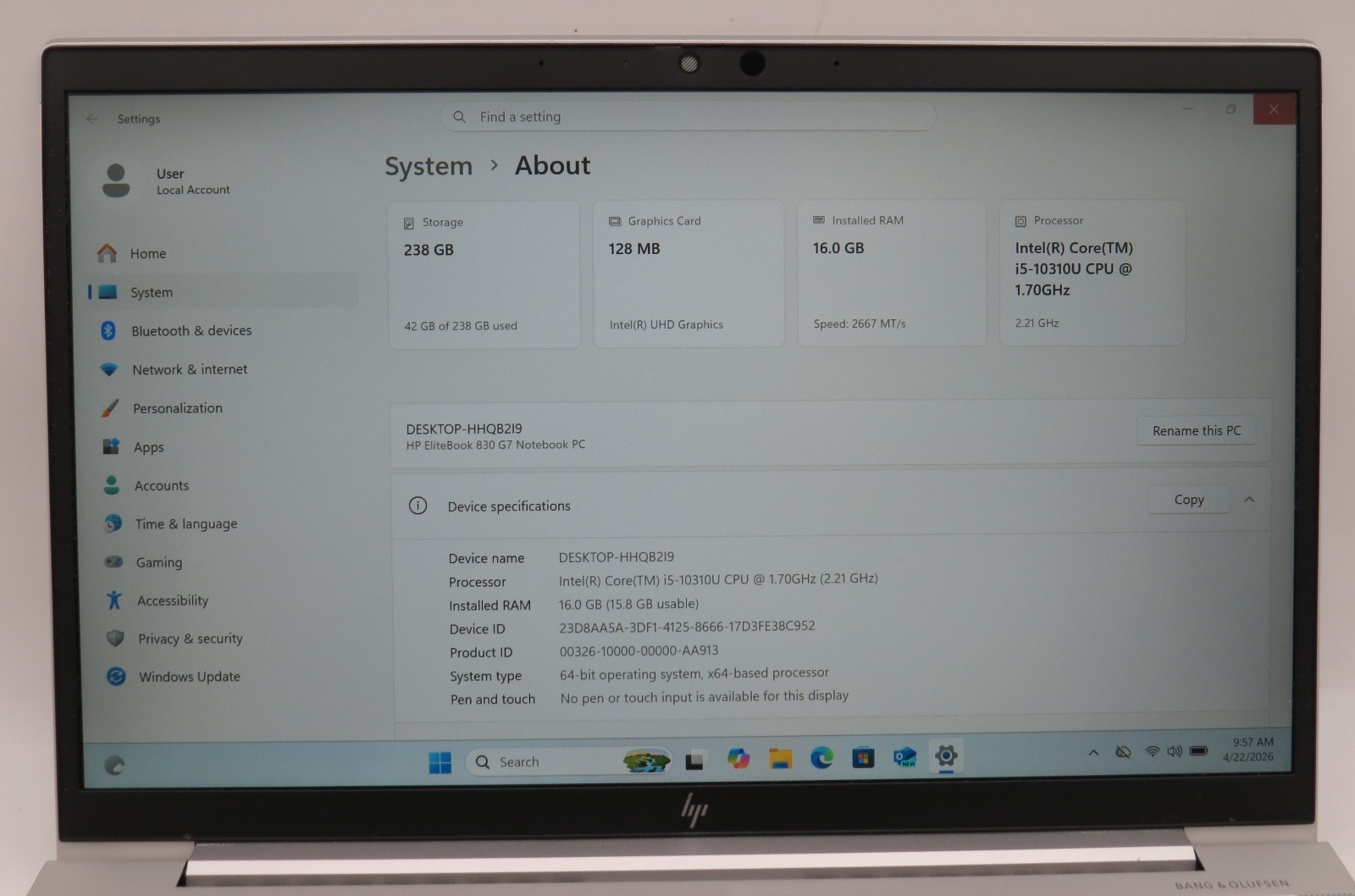 HP Elitebook 830 G7 | i5-10310U @ 1.7GHz | 16GB DDR4 | 256GB m2 | 13″ | Win 11