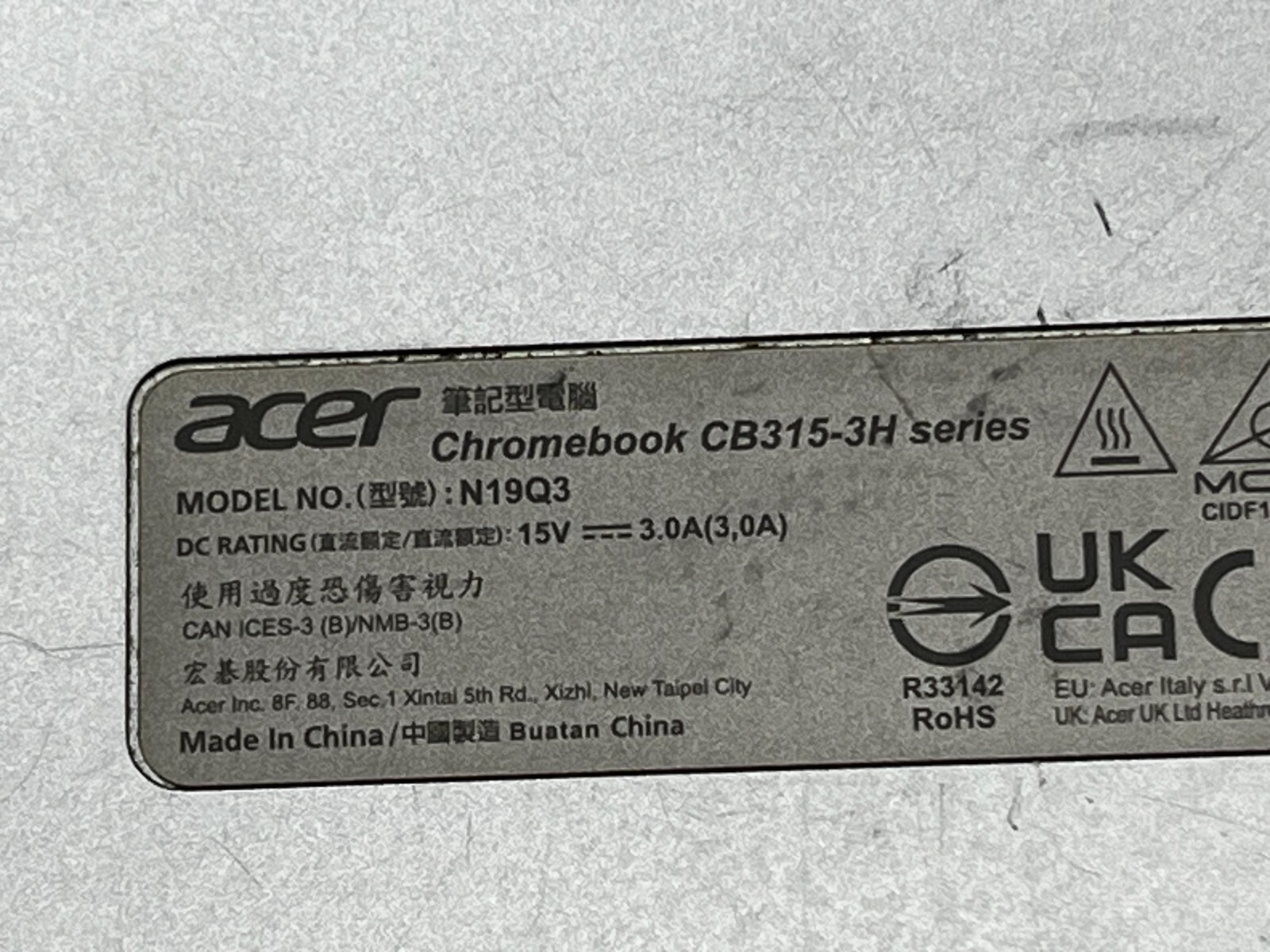 Acer N19Q3 ChromeBook CB315-3H Series No Power Cord PARTS/REPAIR 903731
