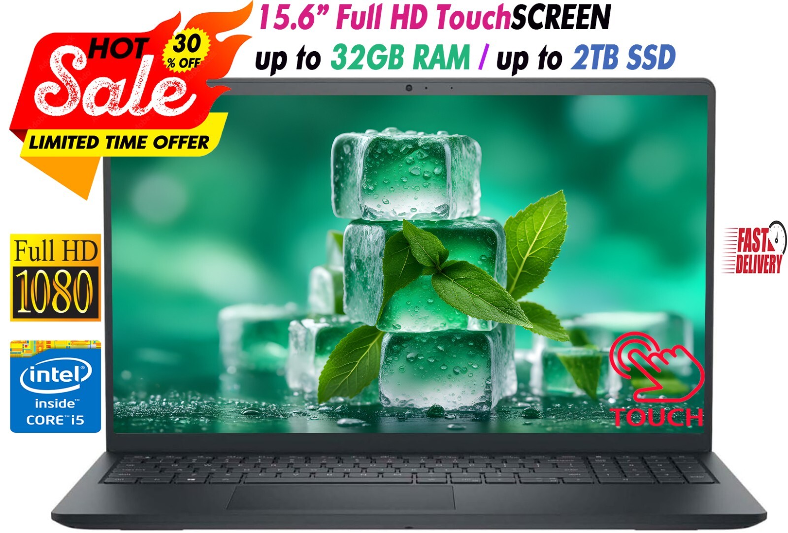 Dell 2024 Newest 15.6″ Laptop FHD Touch Intel i5 Upto 32GB RAM & 2TB SSD Black