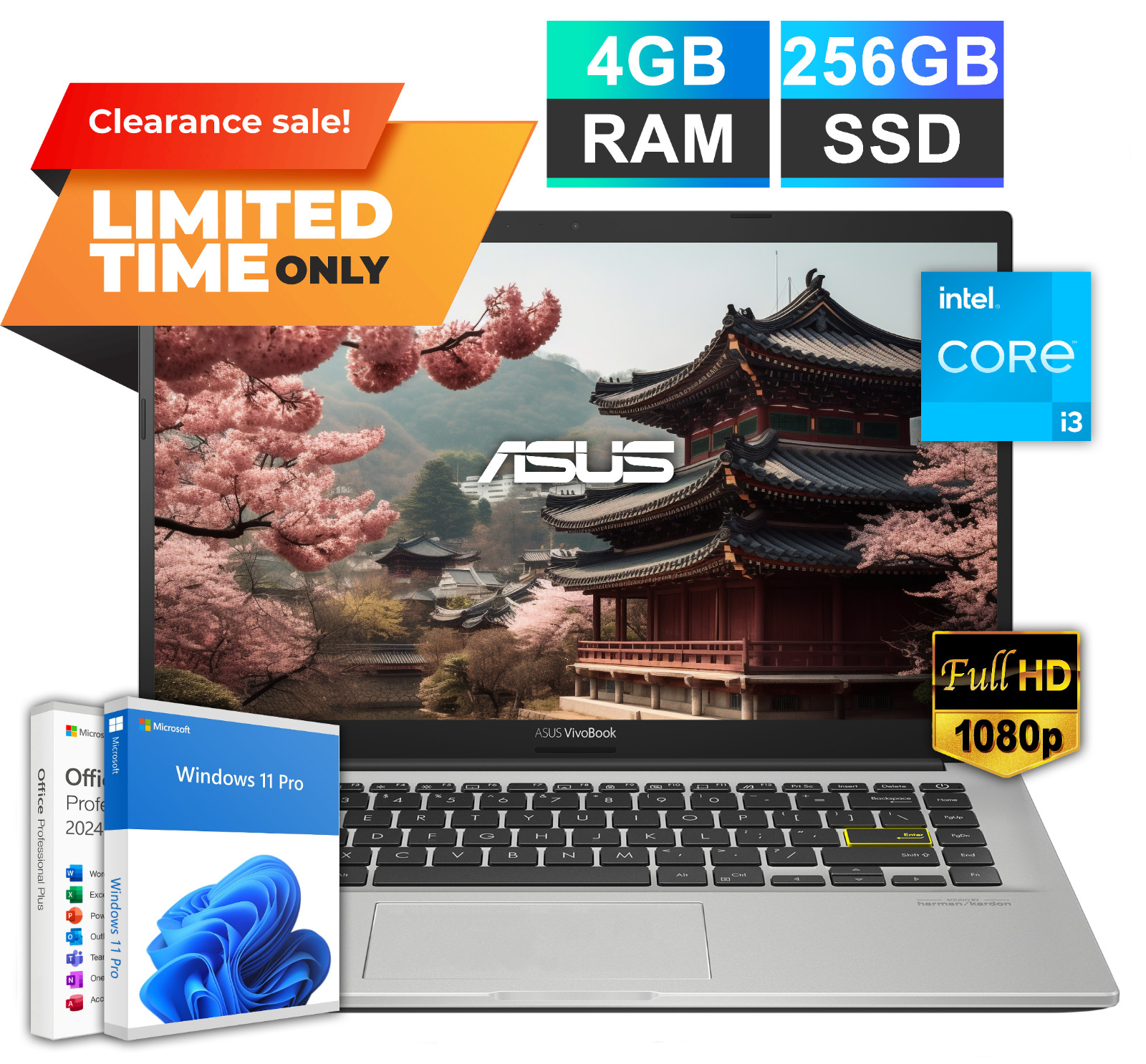 ASUS Vivobook 14″ FHD Laptop Intel i3 4GB RAM & 256GB SSD Office 2024 Win 11 Pro