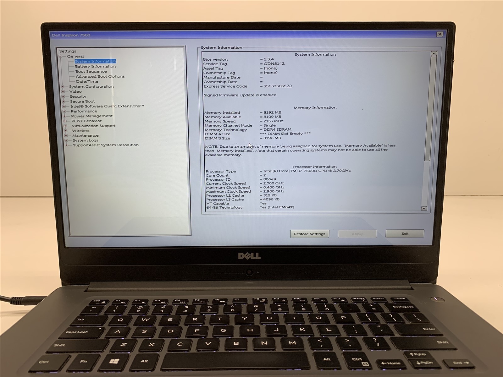Dell Inspiron 15 7560 15.6in i7-7500 2.70GHz 8GB RAM 256GB SSD