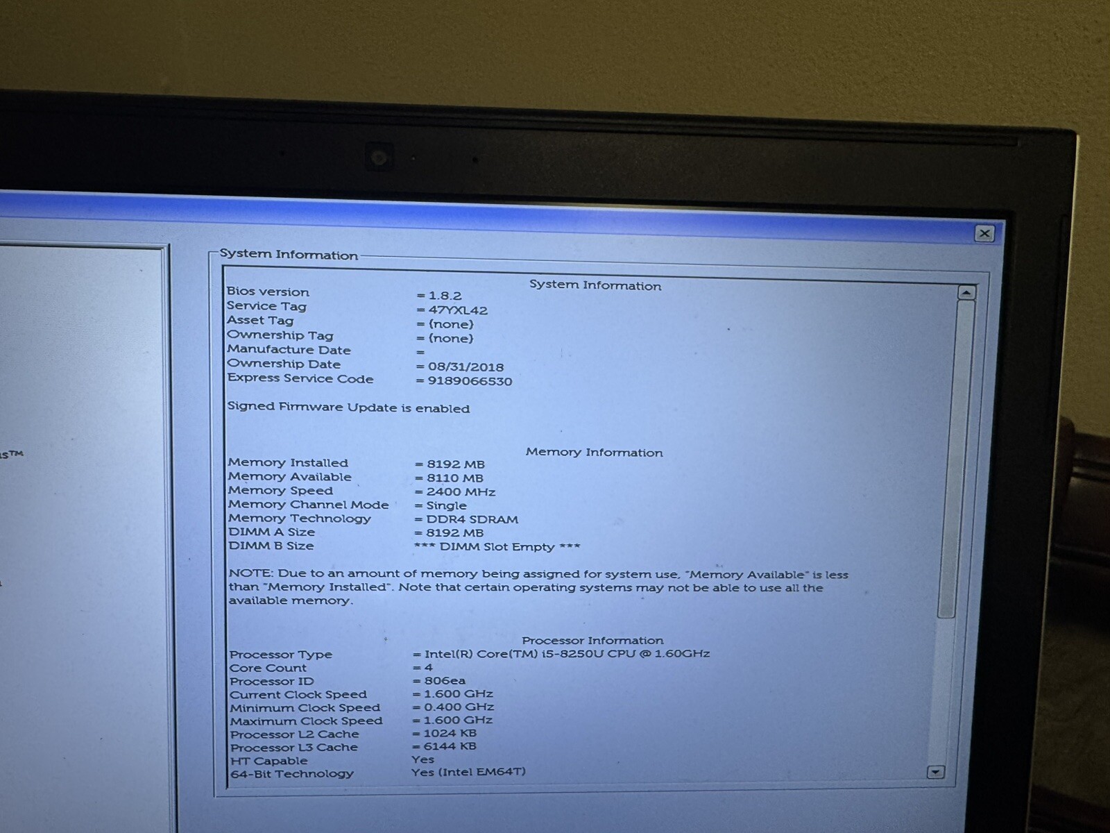 Dell Vostro 5471 i5-8250U, 8GB RAM, 250GB SSD Service Tag 47yxl42