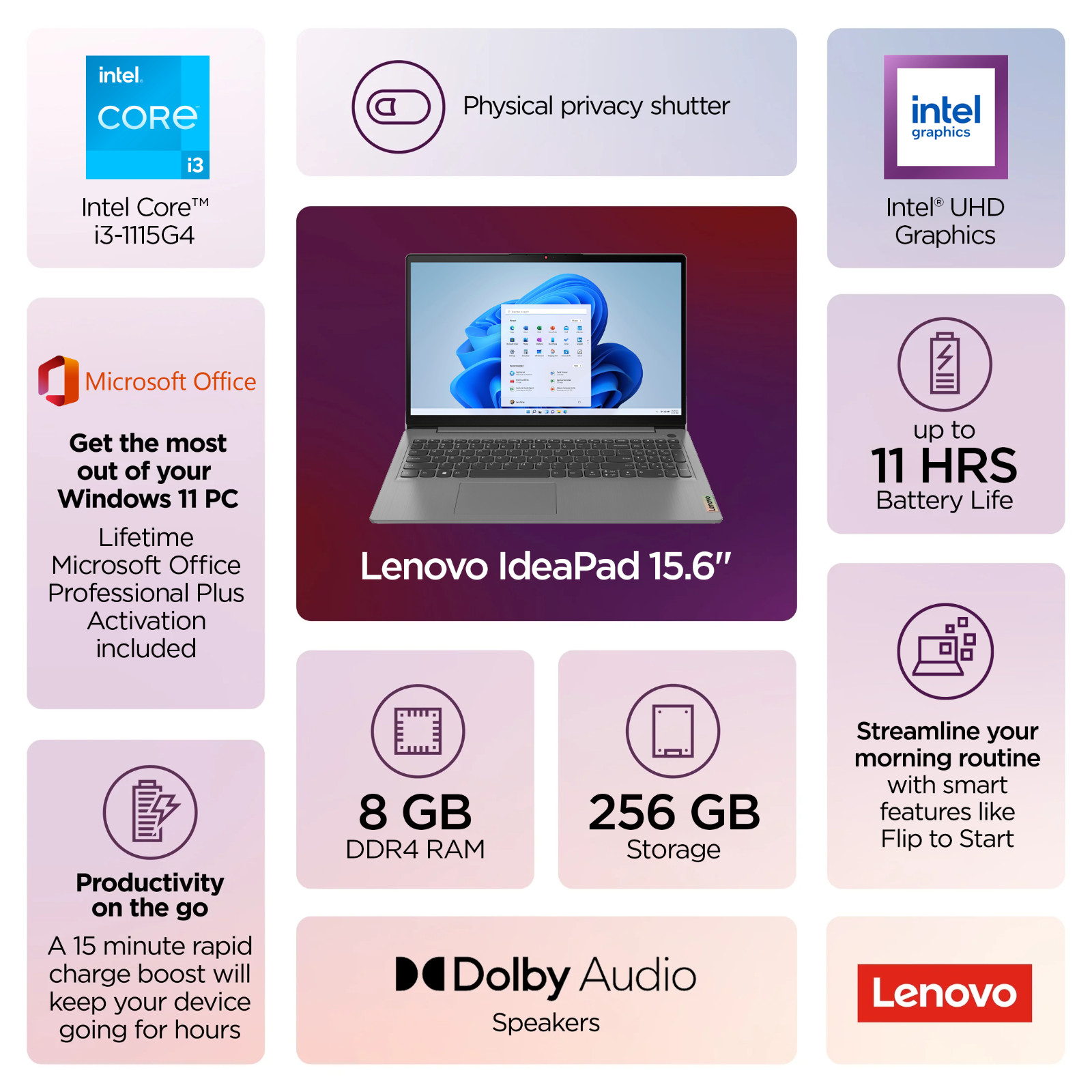 Lenovo IdeaPad 15 Touch Laptop Lifetime Office 2204, Intel i3, 8GB RAM 256GB SSD