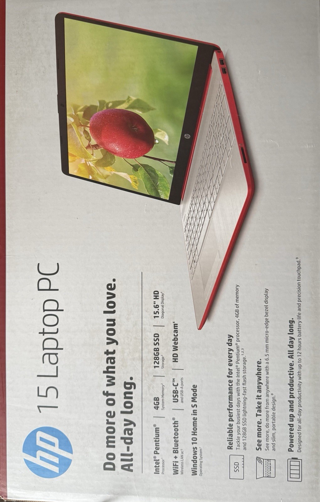 HP 15 – Crimson Red – dw1083wm 15.6″ Intel Pentium 4GB RAM 128GB SSD Red Win10 S