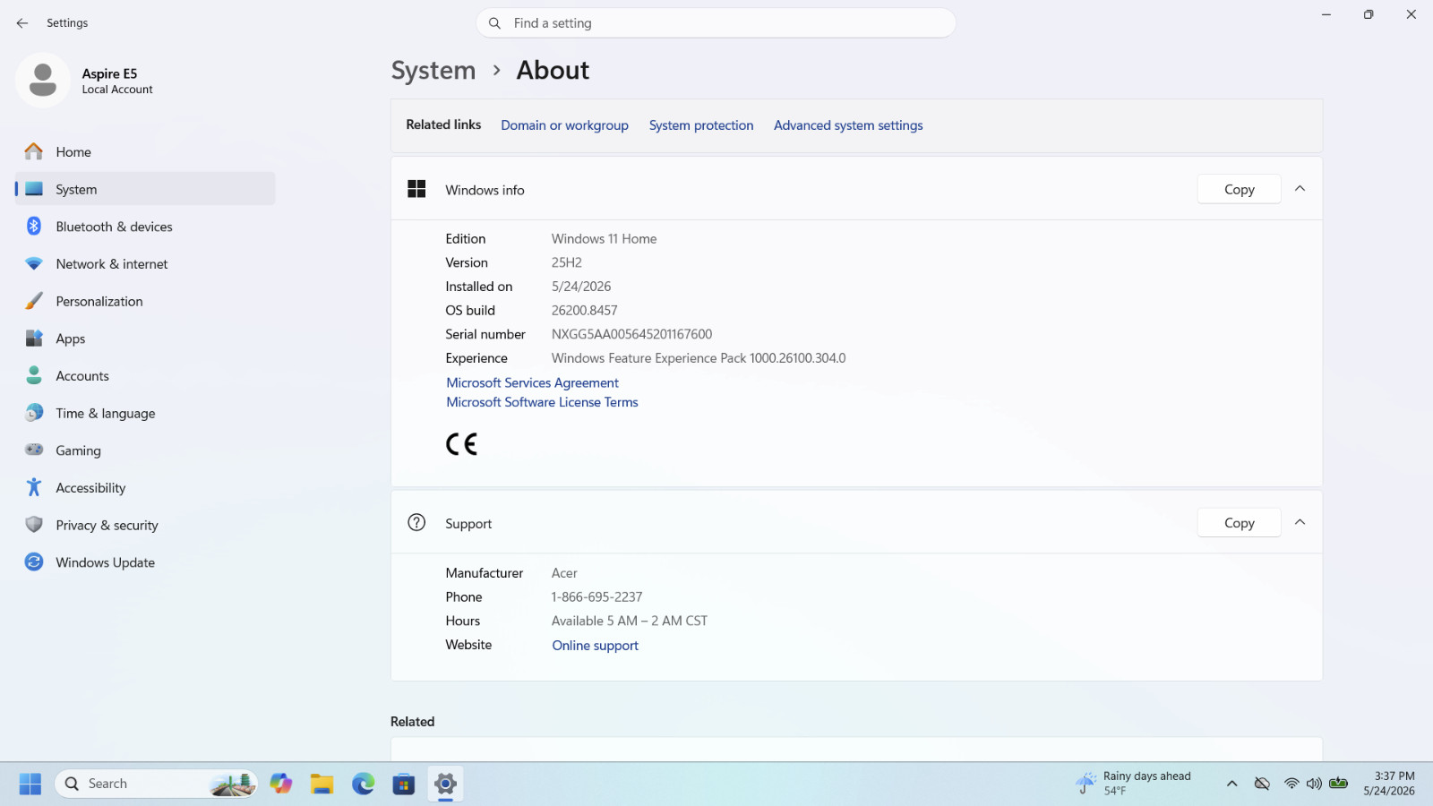 Acer Aspire E5-575; Intel Core i3-7100 @2.40GHz 15.6″ 1TB SSD 16GB RAM Laptop