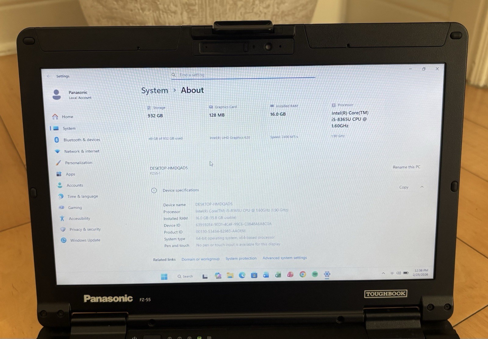 PANASONIC FZ-55 Toughbook Laptop i5 8365U 16GB 1TB 1.60GHz Win 11 N/T