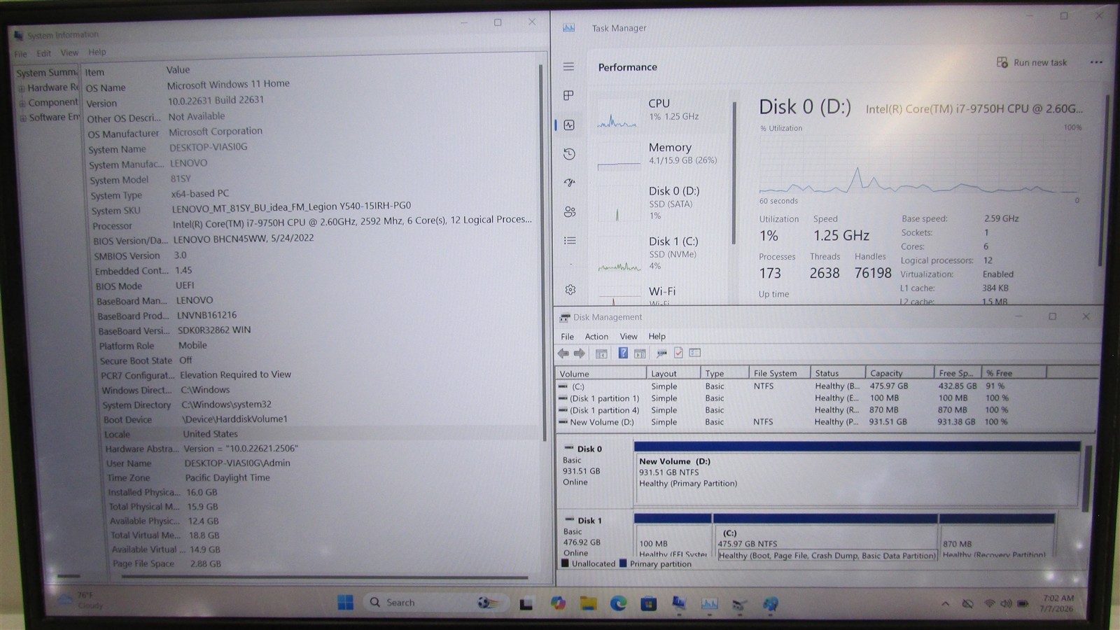 Lenovo Legion Y540 i7-9750H 2.6GHz 16GB RAM 512GB NVME 1TB SSD 15.6″ W11H LIQDMG