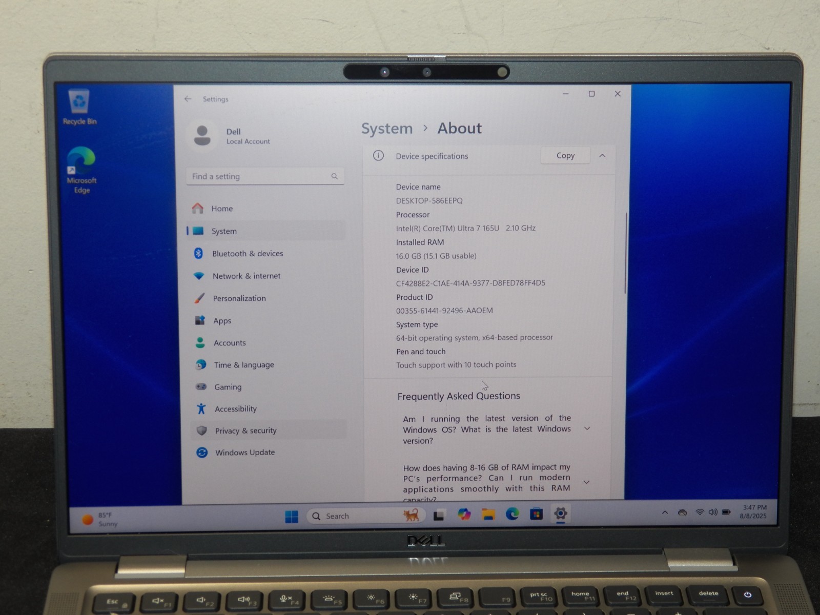 Dell Latitude 7450 14 Inch Windows 11 Pro Touch – Ultra 7/16GB/Backlit KB/TB4 J