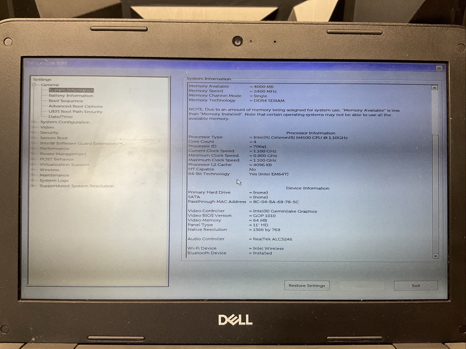 Dell Latitude 3190 / Windows 11 Pro / 64GB Storage / BIOS Unlocked / C5