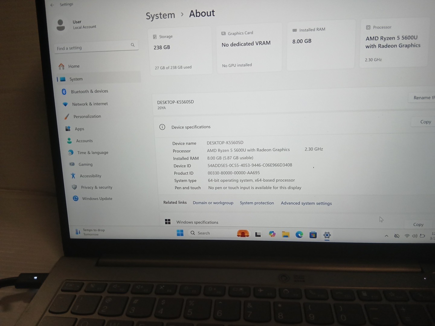 Lenovo Thinkbook 15 G4 ABA Touch Ryzen 5 5625U 2.30GHz 8GB RAM 256GB SSD W11P