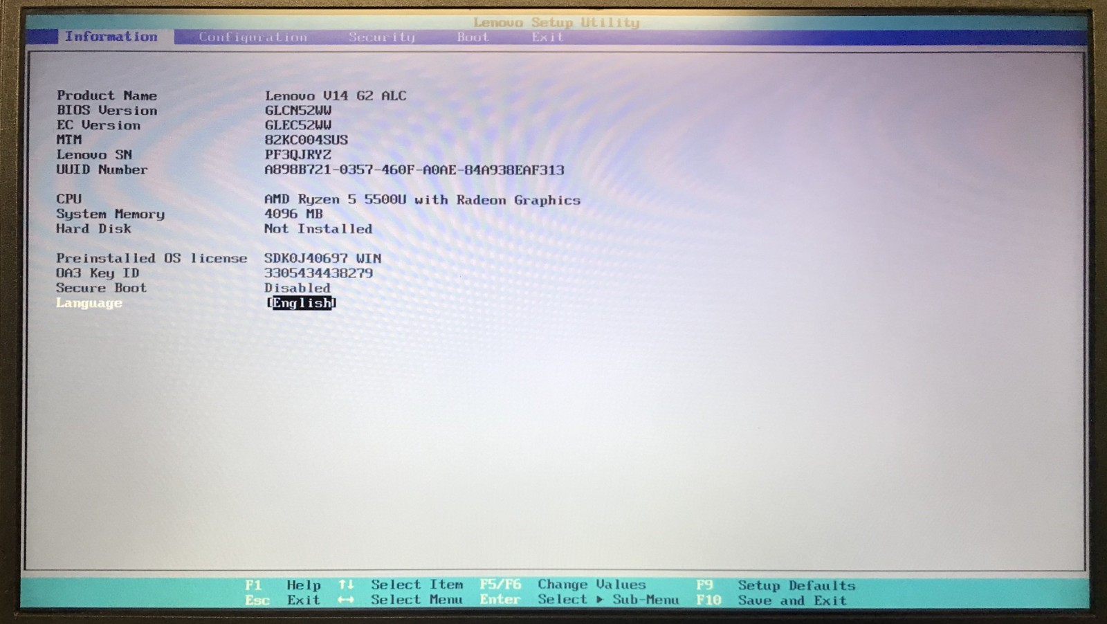 Lenovo V14 G2 14″ Laptop Ryzen 5 5500U 4GB RAM, No Storage, Boots to BIOS