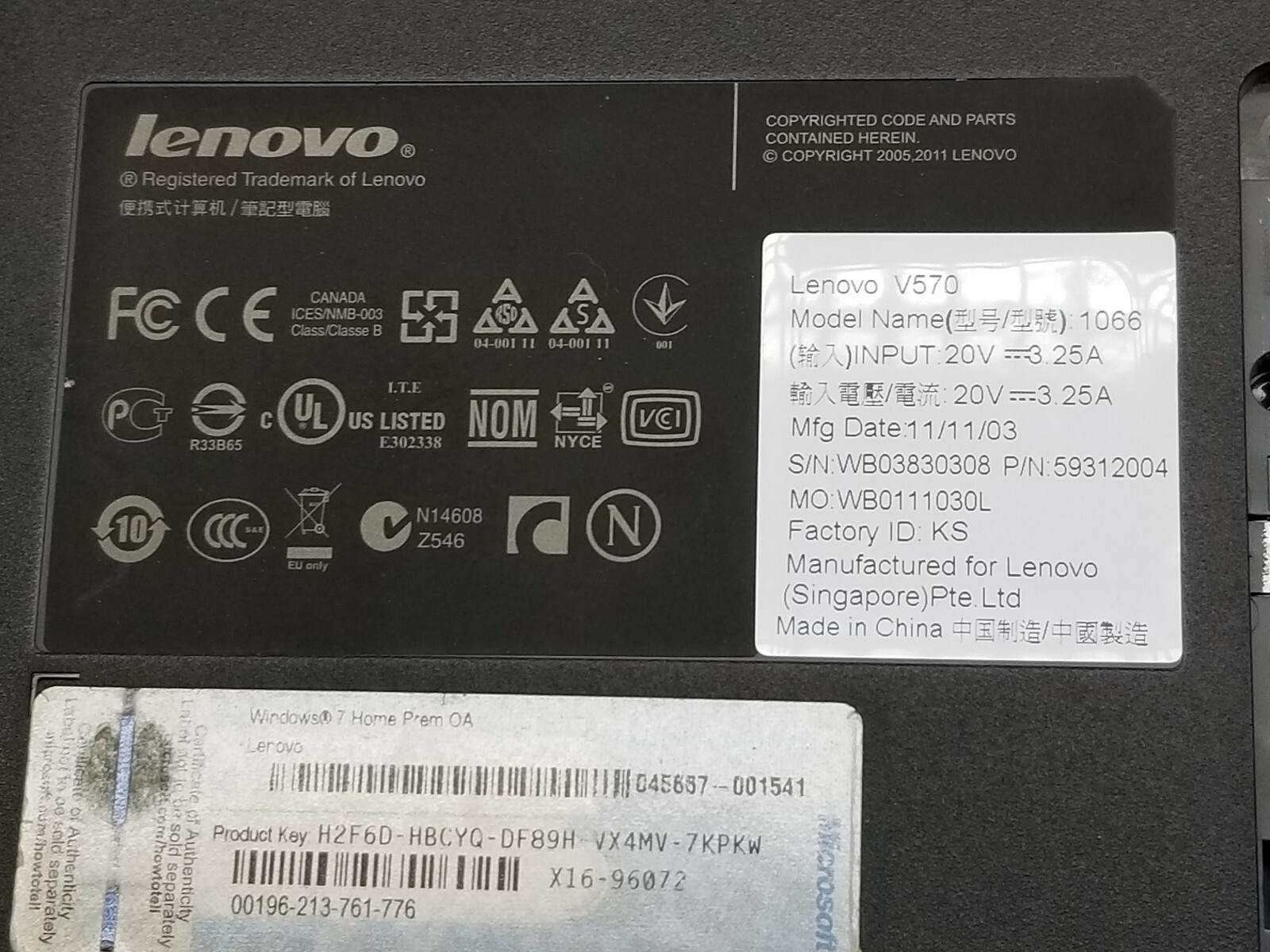 918 LENOVO V570 i5-2430M 2.40GHz 6GBRAM DDR3 NO HDD READ hp dell xp windows