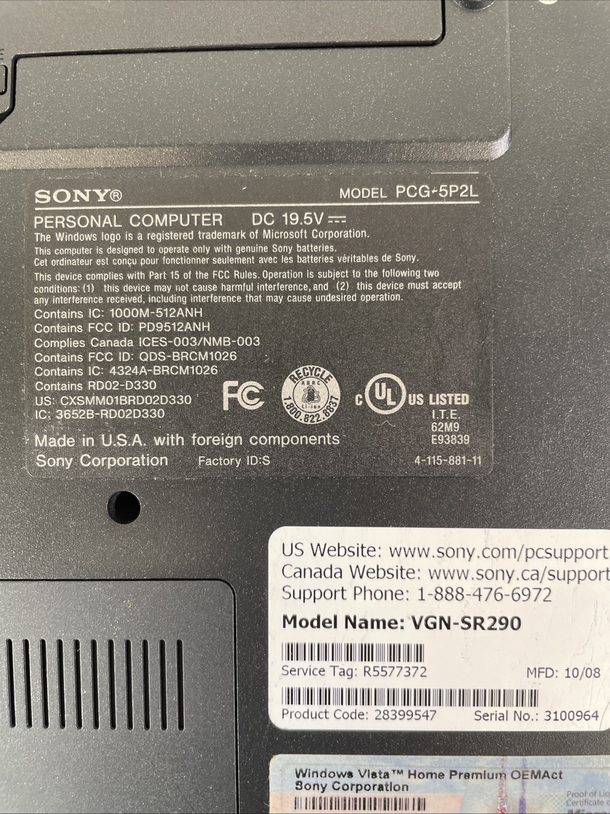Sony VAIO VGN-SR290 Intel C2D P8400 2.26GHz 4GB RAM 100GB HDD Radeon Win10