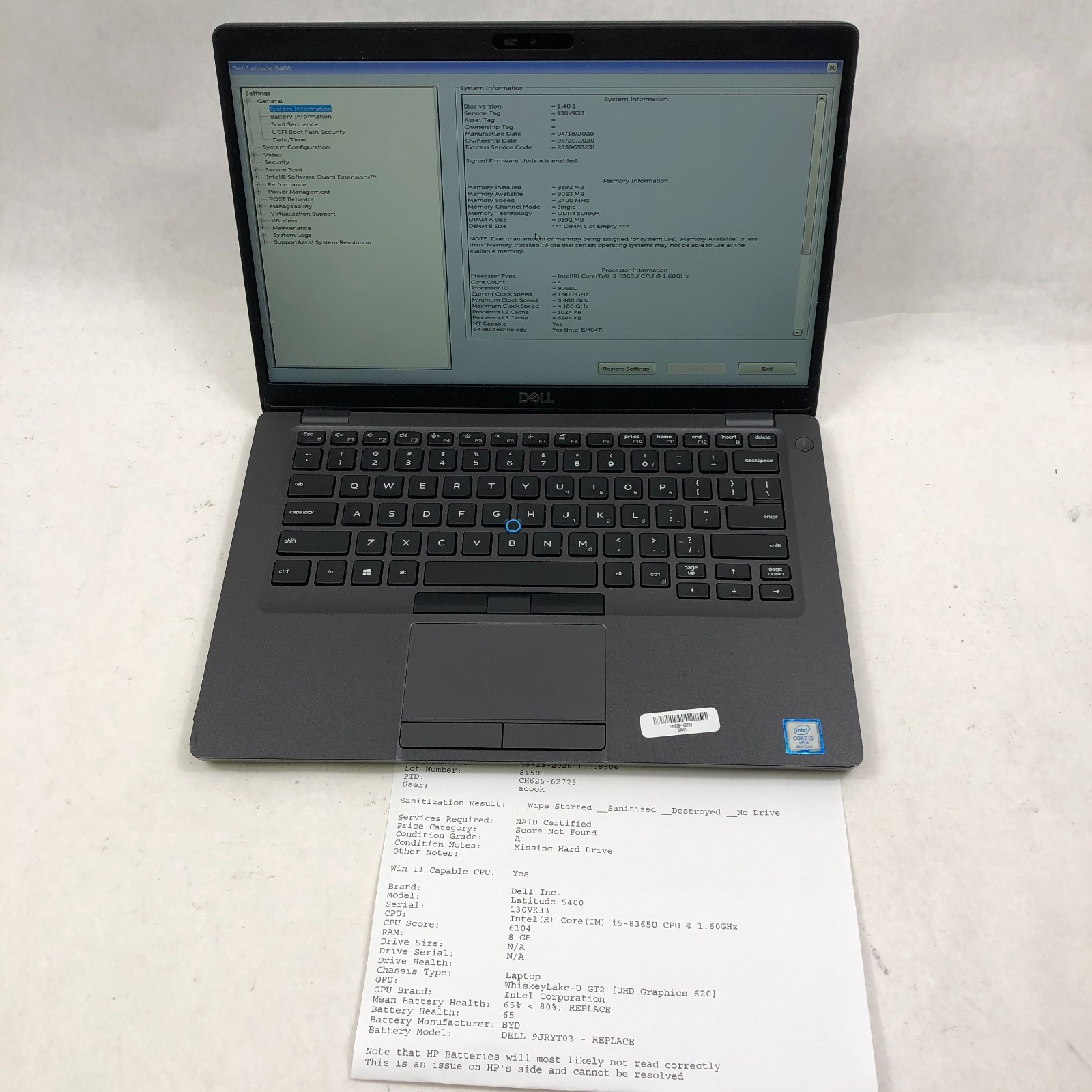 Lot of 8 Dell Latitude 5400 Laptop i5-8265U 1.6GHz 8GB NO SSD 14″ No OS Read