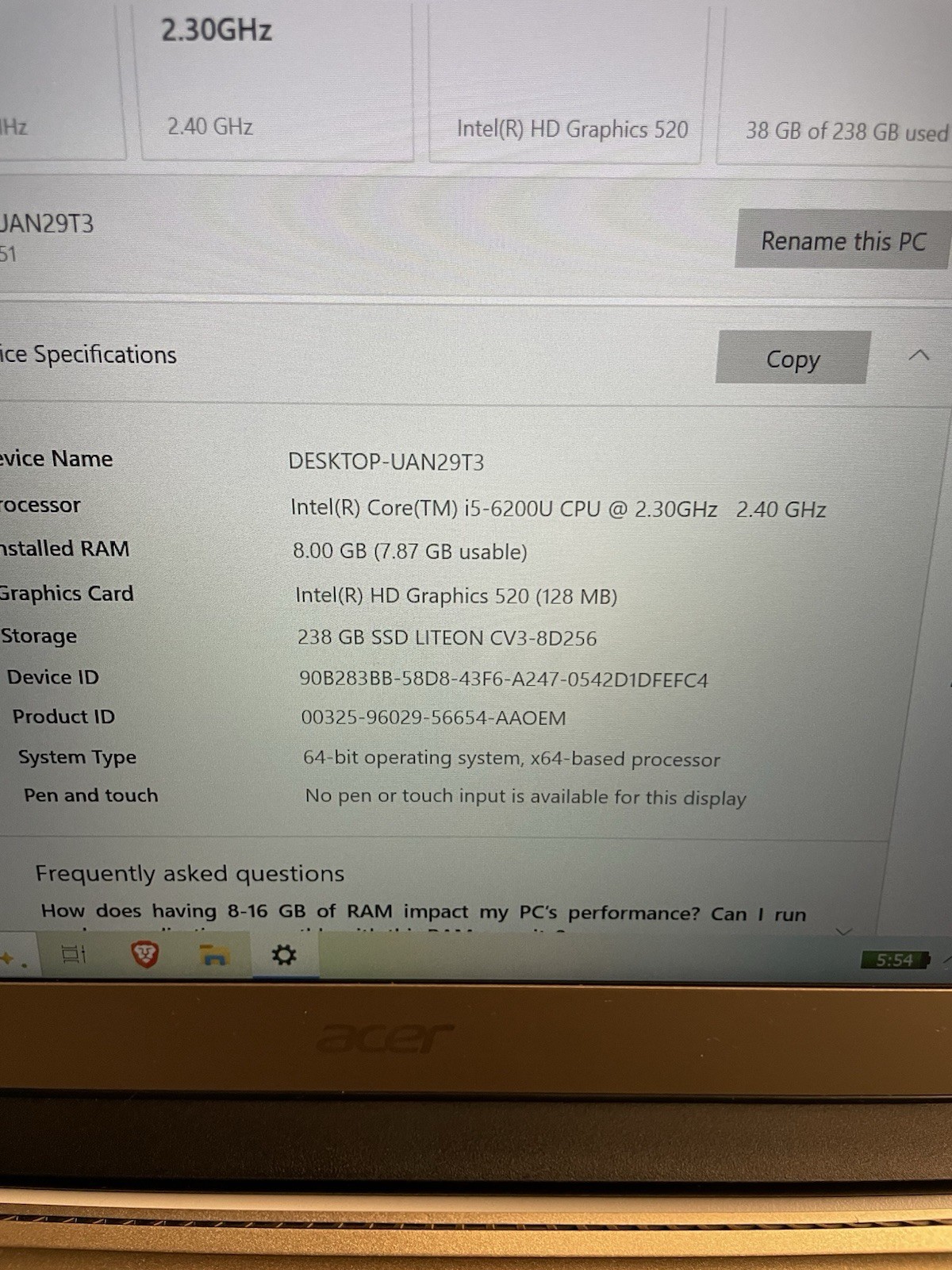 Acer Swift 14” Laptop Intel i5 8GB RAM 256GB SSD Windows 10 FHD