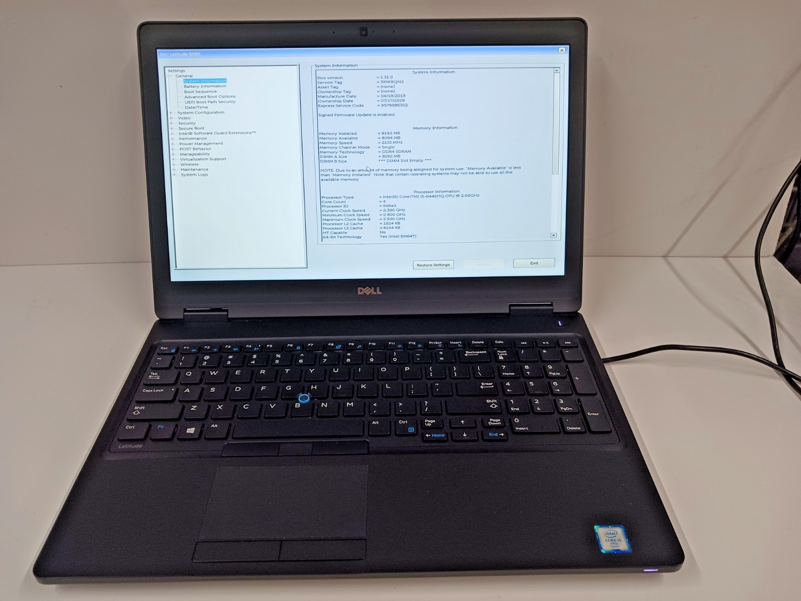 15.5″ DELL LATITUDE 3580 Intel Core i5-6440HQ @ 2.60GHz 8GB RAM 256GB SSD, NO OS