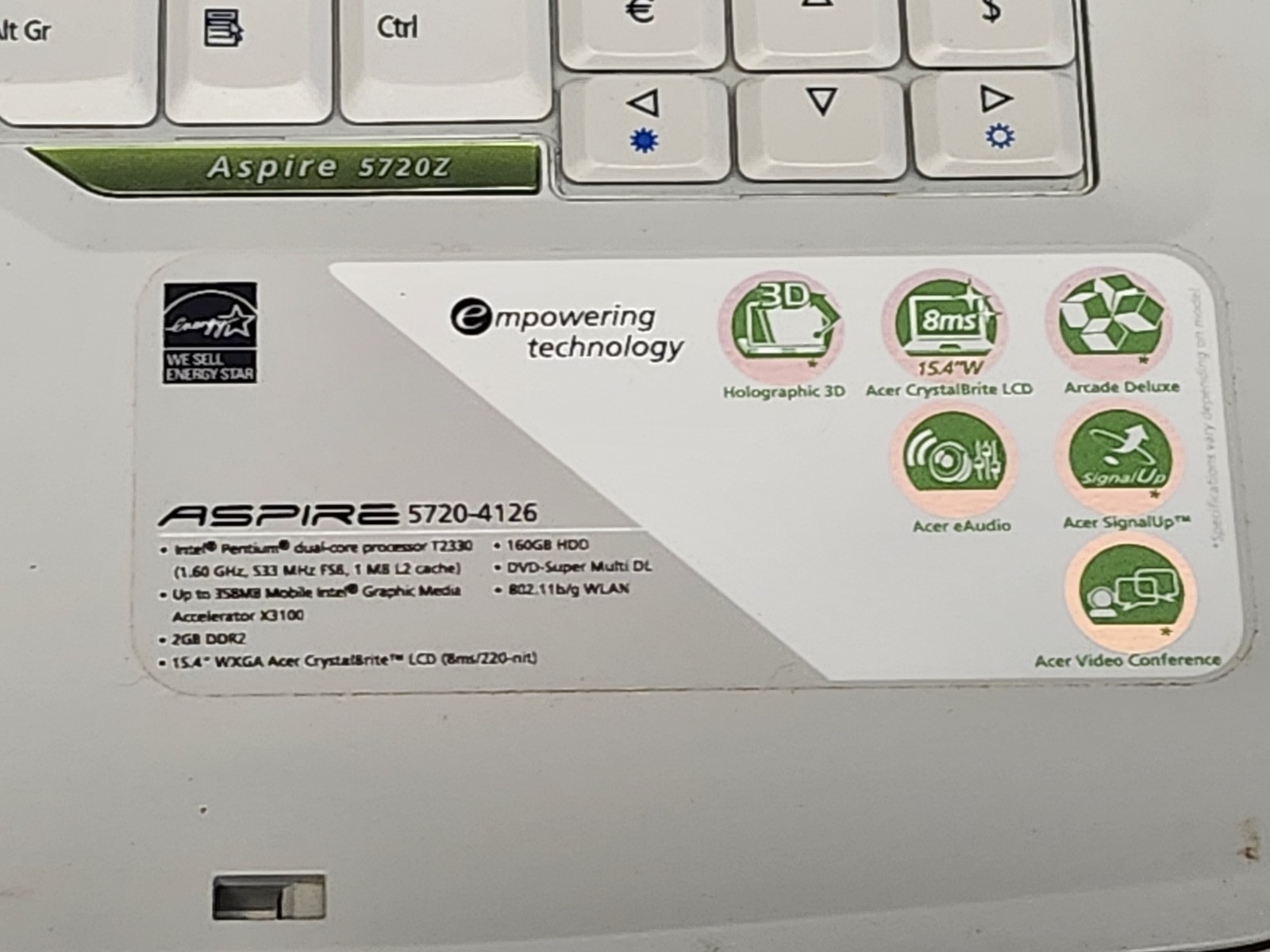 Acer Aspoire 5720 Laptop Windows Vista Home Premium DVD RW