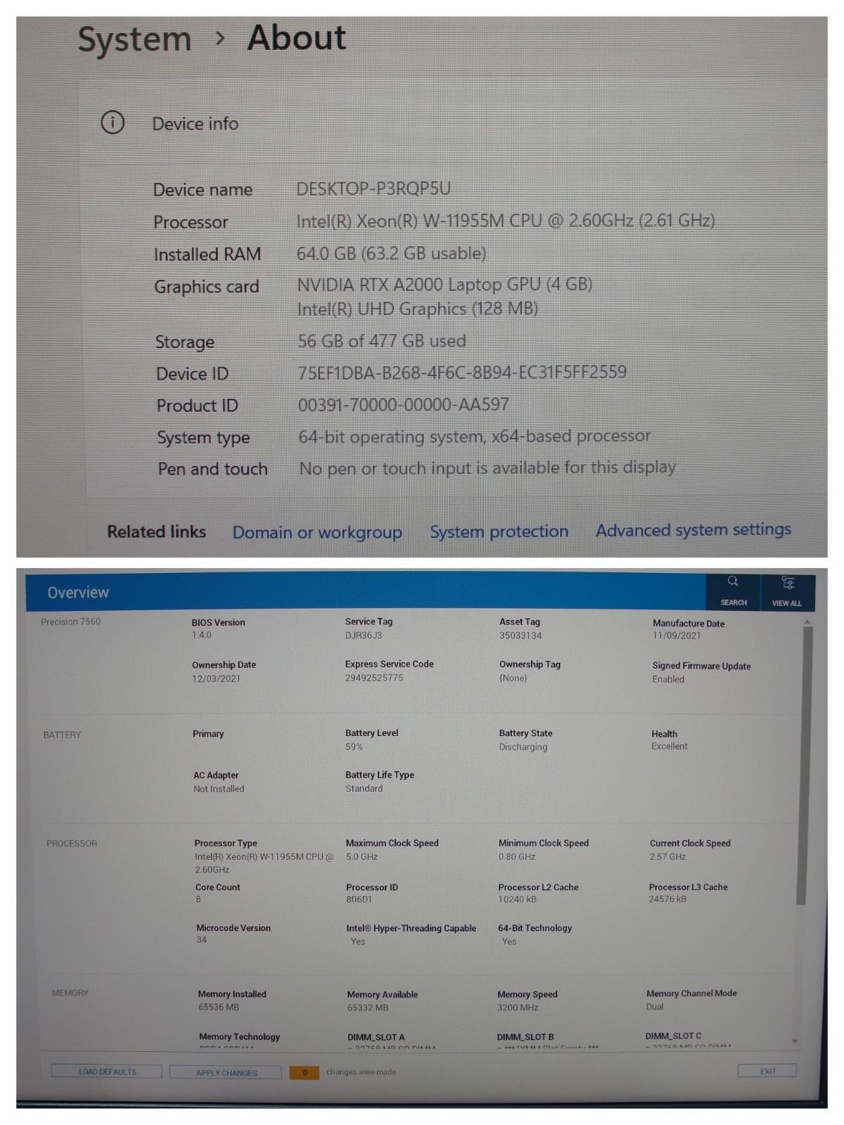 Dell Precision 7560 15.6″ FHD Xeon W-11955M 2.6GHz 64GB 512GB RTX A2000 4GB+PA