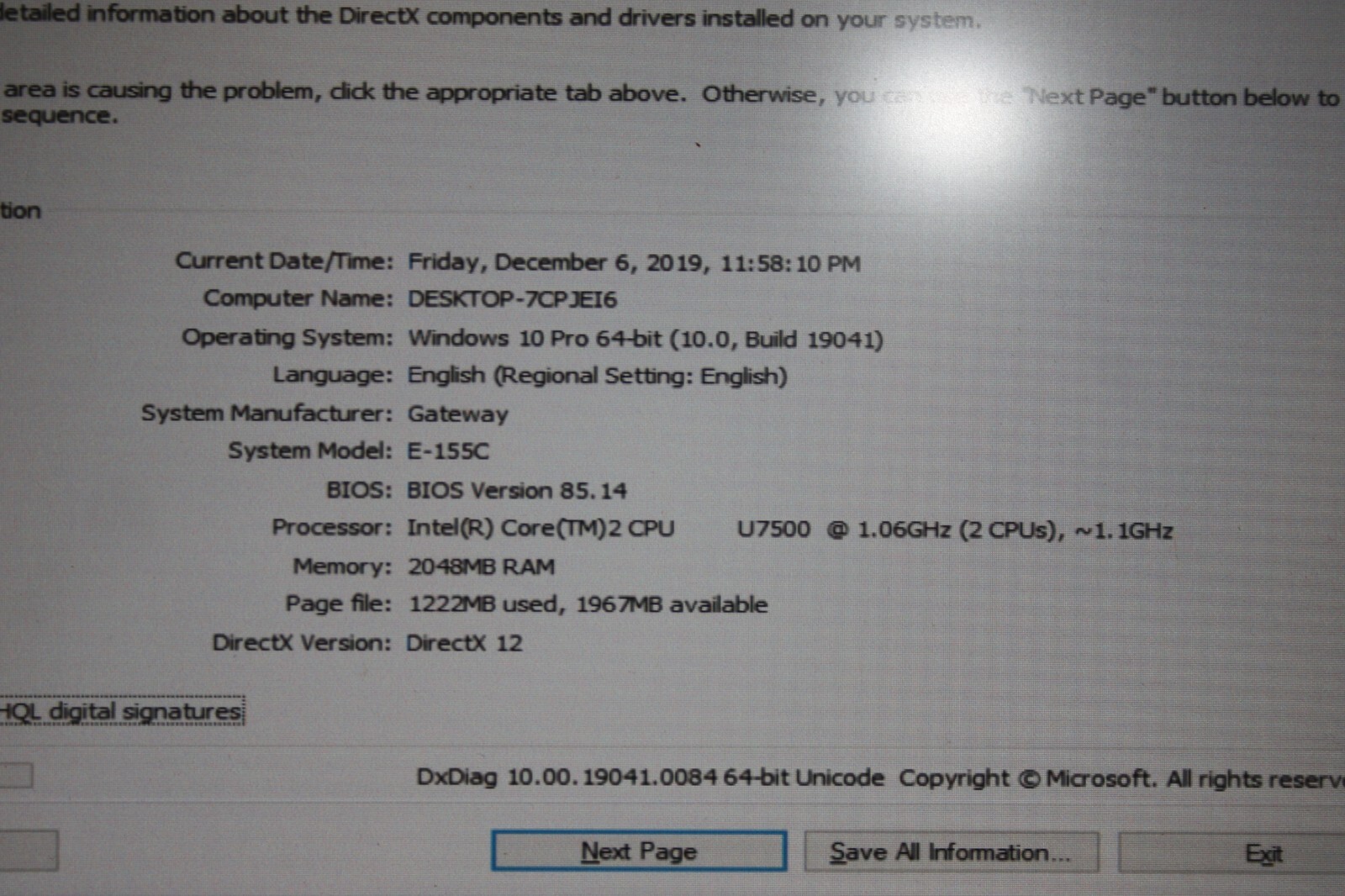 Gateway TB120 Core2 U7500 1.6Ghz 2GB Ram 80GB HDD W10Pro