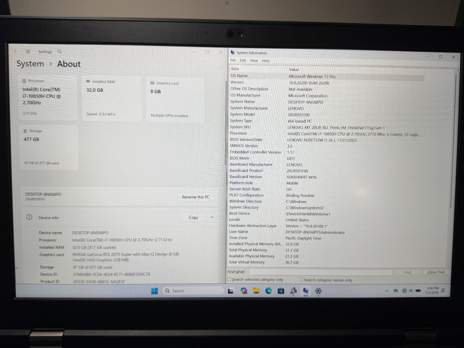 Lenovo ThinkPad T15g Gen 1 i7-10850H 32GB DDR4 512GB SSD NVIDIA RTX 2070 W11P