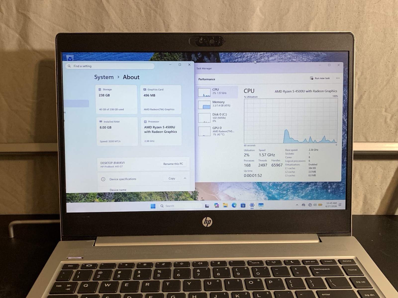 HP ProBook 445 G7 Ryzen 5 4500U 8GB 256GB SSD Win11 14in Silver