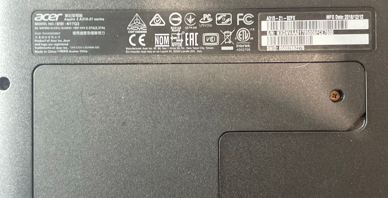 Acer Aspire 3 A315-21-92FX S/N NXGNVAA01785006FCE7600 15.6″ Laptop FOR PARTS