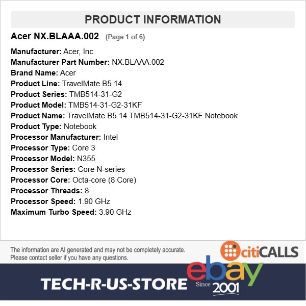 Acer NX.BLAAA.002 TravelMate B5 14 TMB514 14″ Notebook Core 3 8GB 256GB SSD W11