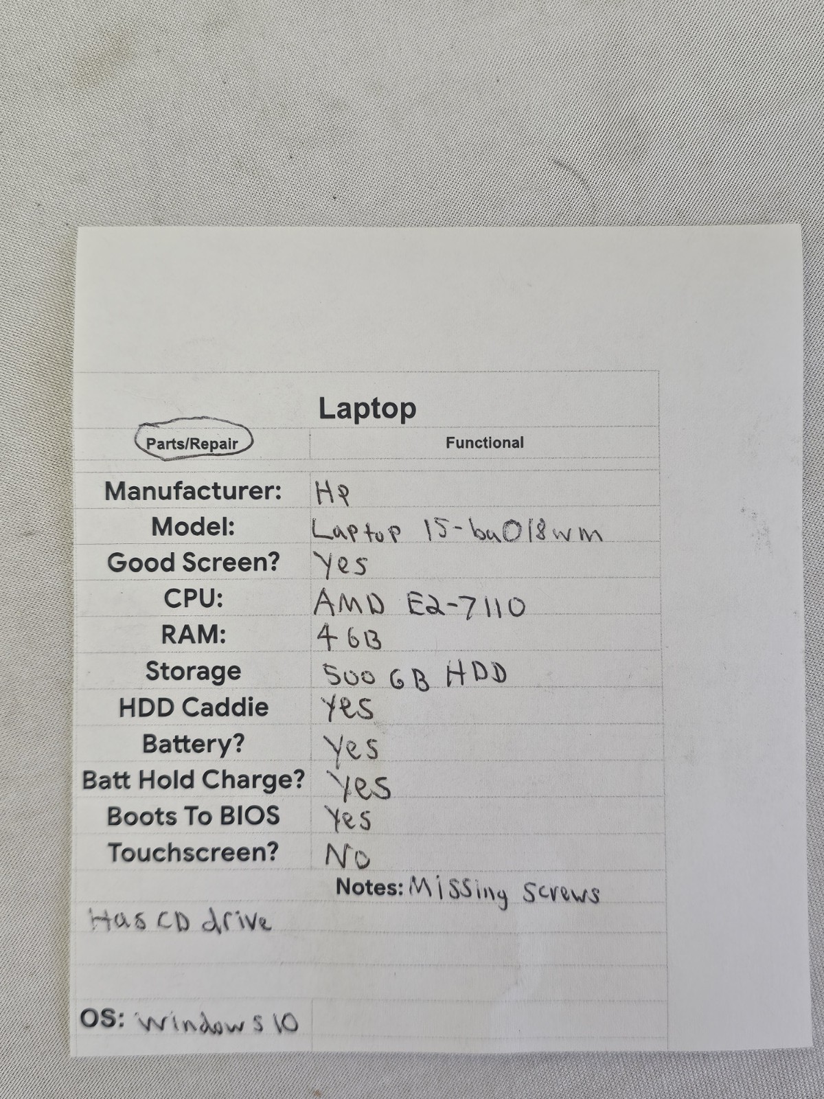 HP 15-ba018wm Laptop – AMD E2-7110 – 4GB RAM – 500GB HDD – Screws Gone – Win 10