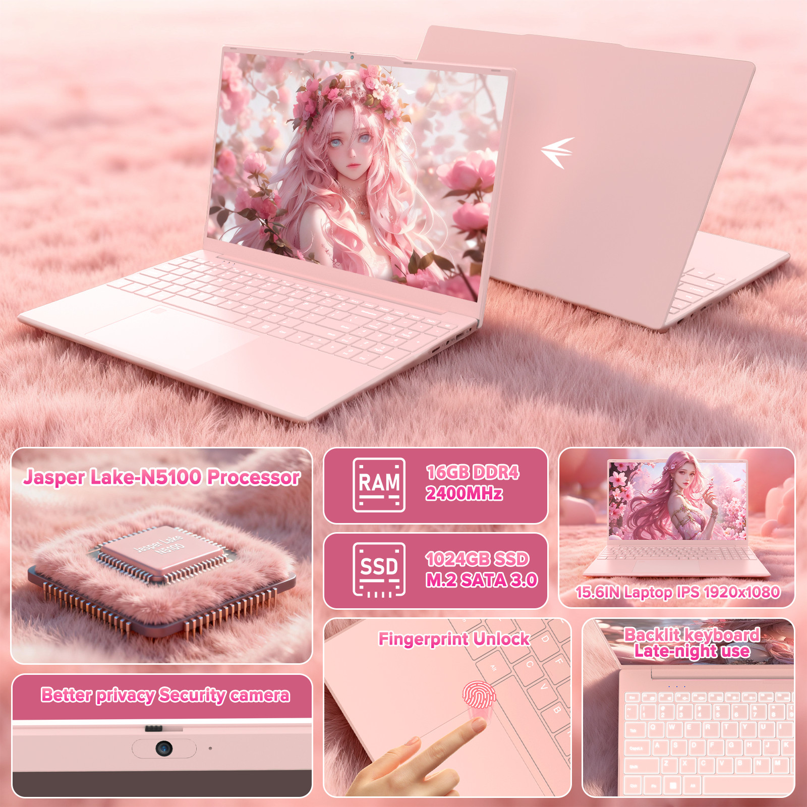 Auusda 15.6” laptop Intel N5100 16GB RAM 1TB SSD Windows 11 Pro BT WIFI Pink