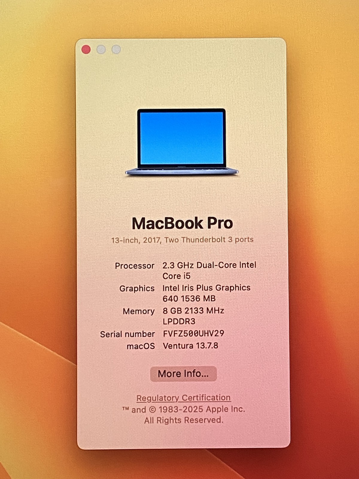 Apple MacBook Pro A1708 2017 13.3″ i5-7360U 8GB RAM 256GB SSD *Read* – LP50A