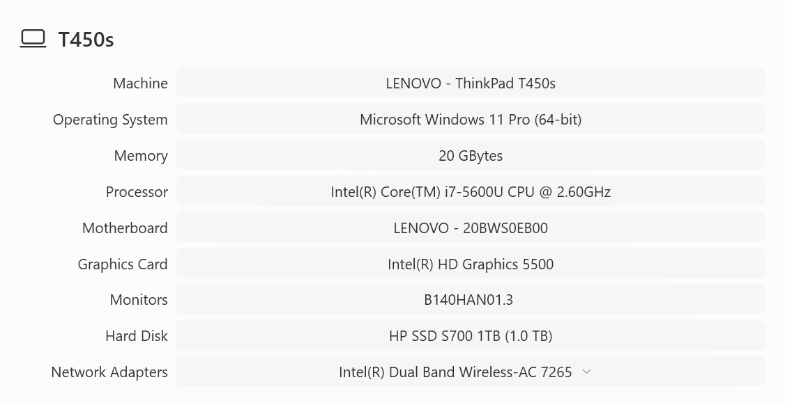 Lenovo ThinkPad T450s Laptop | i7-5600U | 20GB RAM | 1TB SSD | Win11 Pro