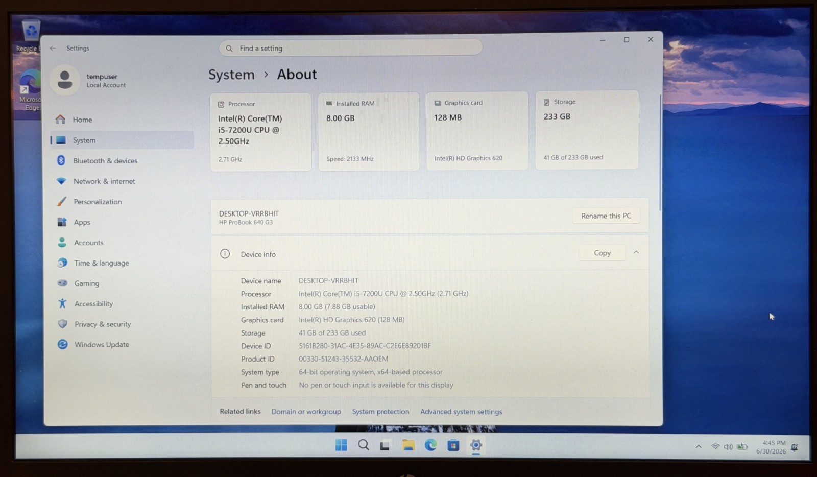 HP ProBook 640 G3 – i5-7200U – 8GB DDR4 RAM – 256GB SATA M.2 HD, Power Cord, W11